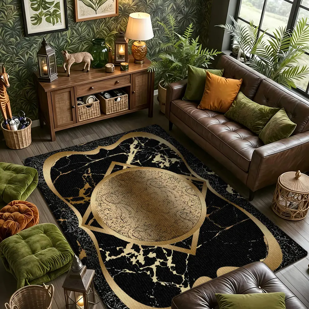 Black Gold Marble Medallion Vintage Border Flannel Living Room Rug #GoldMarbleMedallionRug #LuxuryOrnateBorderMat #FlannelCarpet #ModernLuxuryHomeDecor
