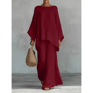 Women's 2-Piece Minimalist Basic Clothes Set - Baggy Long-Sleeve Shirt & Wide-Leg Pants, Comfortable Casual Style for Everyday Wear