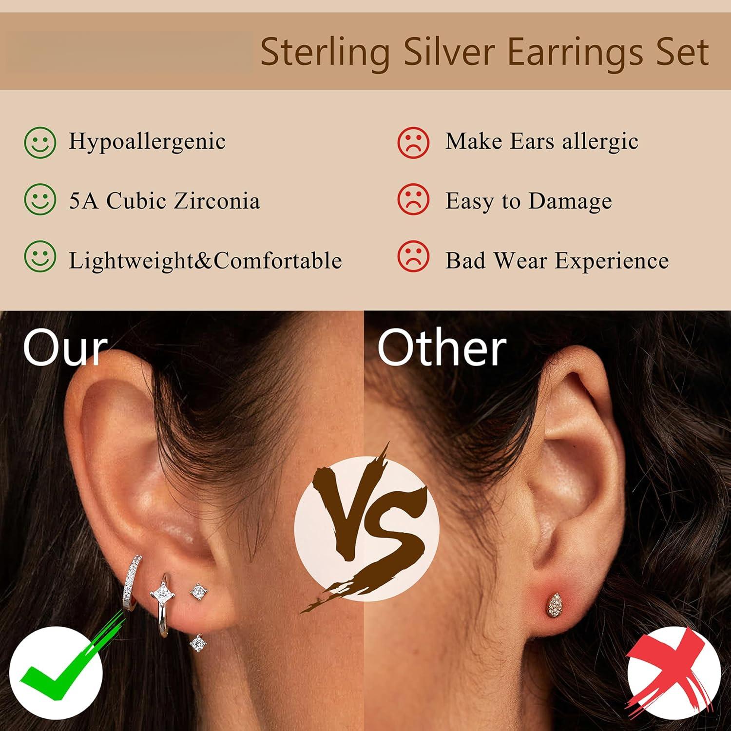 3-4 Pairs 925 Sterling Silver Earrings for Women, Dainty 14K Gold Plated Stud Hoop Earrings Sets for Multiple Piercing, Hypoallergenic Small Silver Hoop Earrings Stacks for Sensitive Ears Women Trendy Earrings