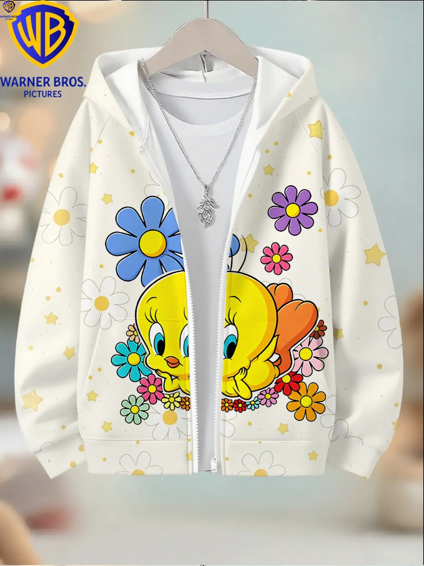 Warner Bros Tweety Hoodie for Girls, Multicolor Daisy Star Print Long Sleeve Zipper Jacket, Perfect for Christmas Halloween Birthday Gifts
