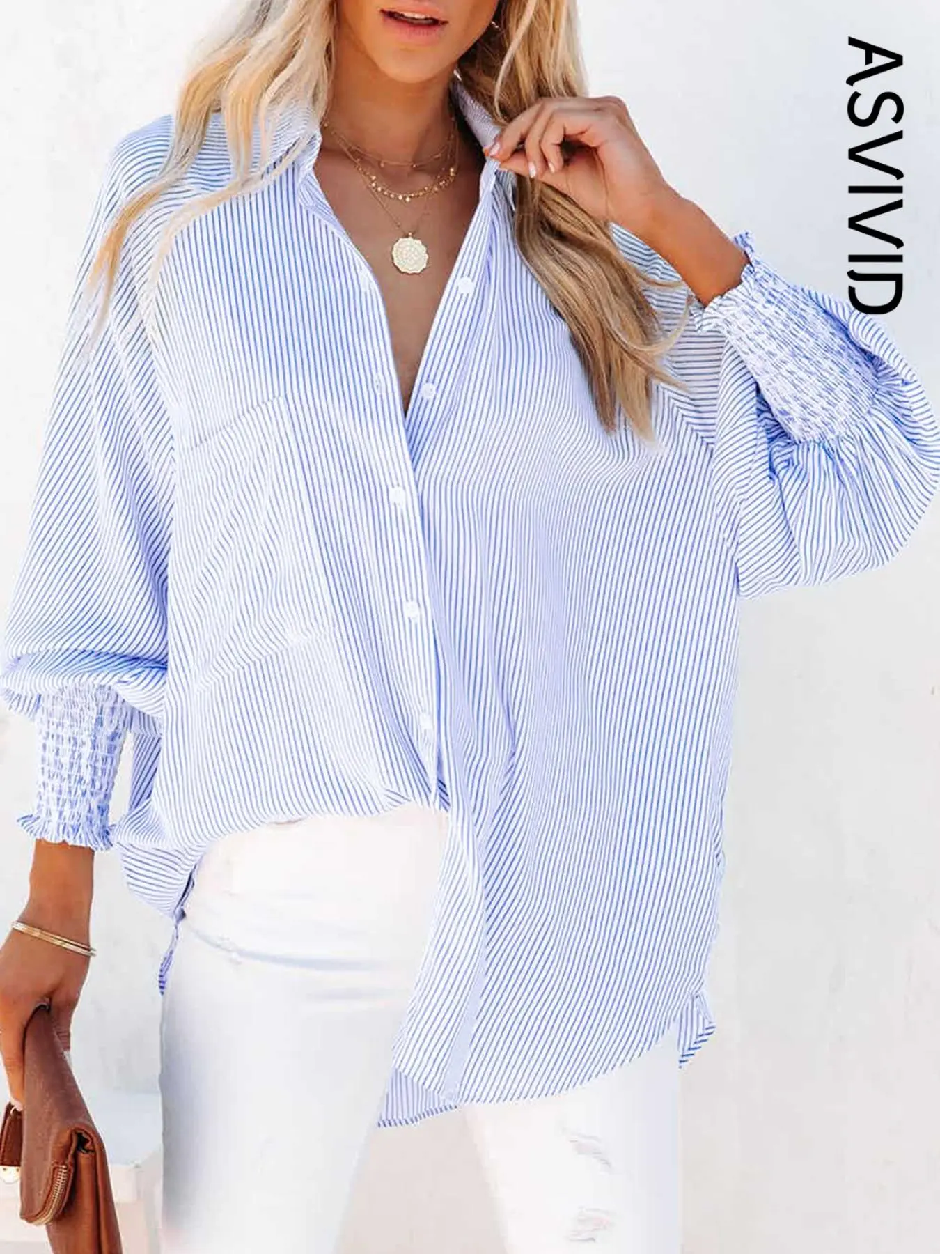 Women's Striped Print Button Front Frill Trim Raglan Sleeve Pocket Design Shirt Blouse, Casual Long Sleeve Shirred High Low Top for Spring & Fall, Ladies Clothes