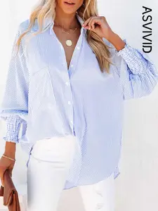 Women's Striped Print Button Front Frill Trim Raglan Sleeve Pocket Design Shirt Blouse, Casual Long Sleeve Shirred High Low Top for Spring & Fall, Ladies Clothes