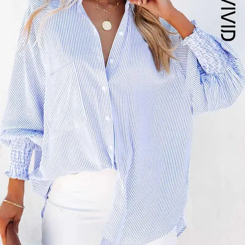 Women's Striped Print Button Front Frill Trim Raglan Sleeve Pocket Design Shirt Blouse, Casual Long Sleeve Shirred High Low Top for Spring & Fall, Ladies Clothes