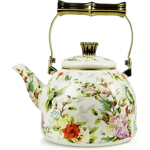 Vintage Enamel Tea Kettle Birds Floral Pattern Stovetop Teapot with Gold Handle 2.5L Enamel Kettle Kitchen Decor Ideal Gift for Housewarming Camping Coffee Pot