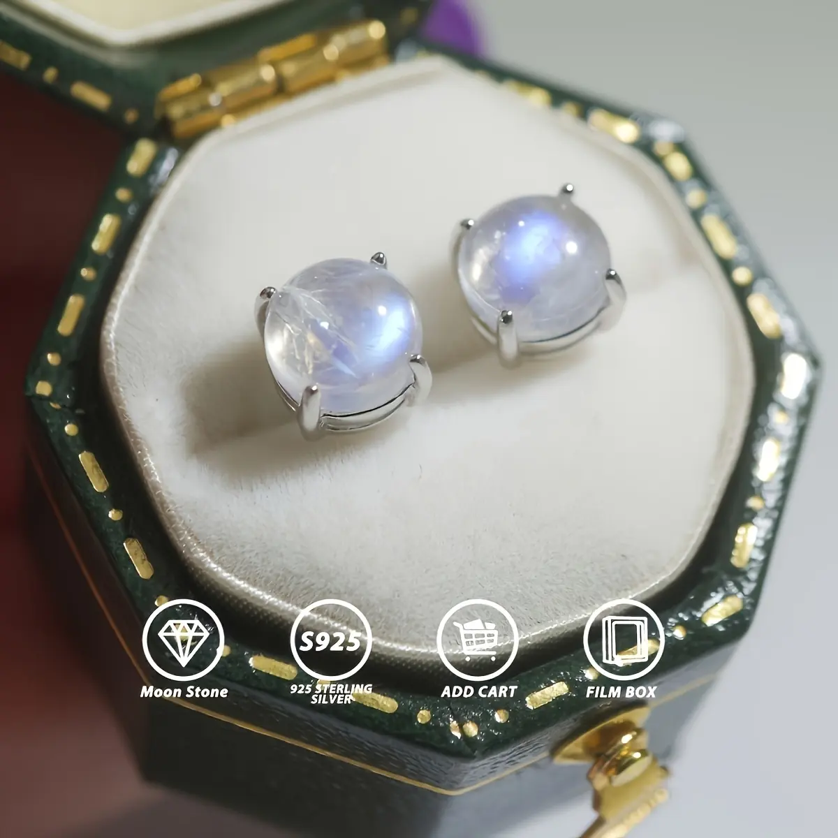 Natural Moonstone S925 925 Sterling Silver Stud Earrings, Inlaid with 1 Carat Natural Round Moonstone, June Birthstone, Unique Moonlighting Effect, a Symbol of Friendship And Love, Perfect Elegant Additions, Without Battery