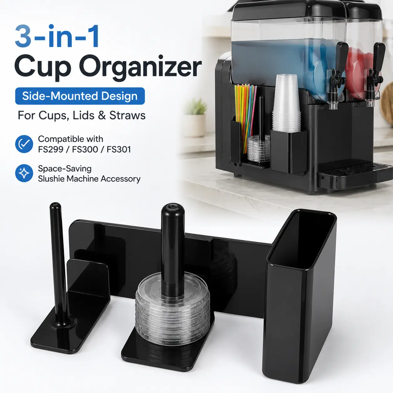 3-in-1 Side-Mounted Slushie Cup Organizer Compatible with Ninja Slushi FS299, FS300 & FS301 Machines, Space-Saving Holder for Cups, Lids and Straws, Convenient Slushy Machine Accessory shoe rack