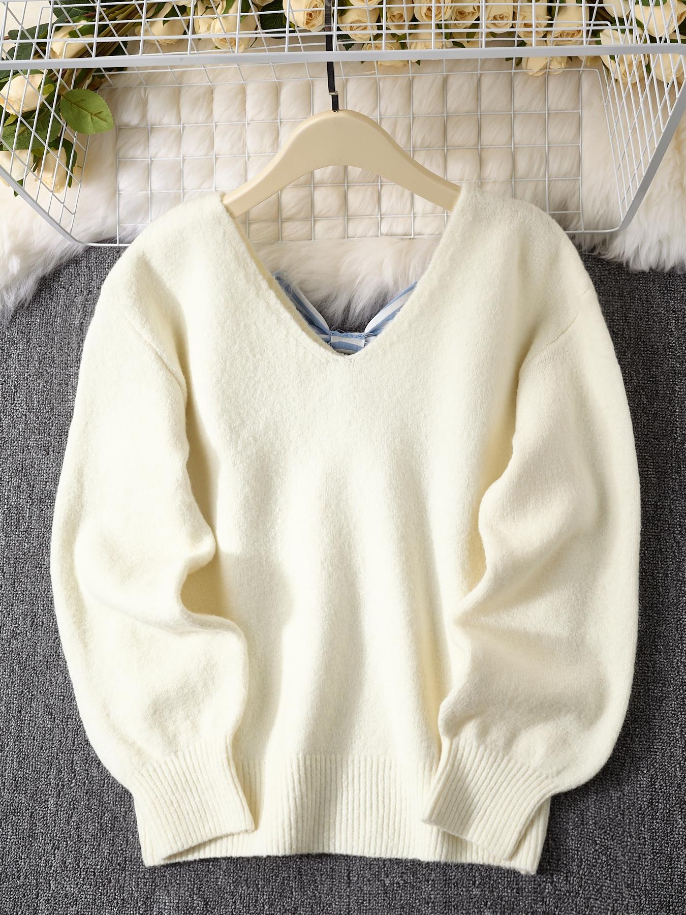 Women's Striped Bow Decor Sweater, Elegant Long Sleeve V Neck Jumper for Fall & Winter, Fashion Women's Knitwear for Daily Wear, Lady