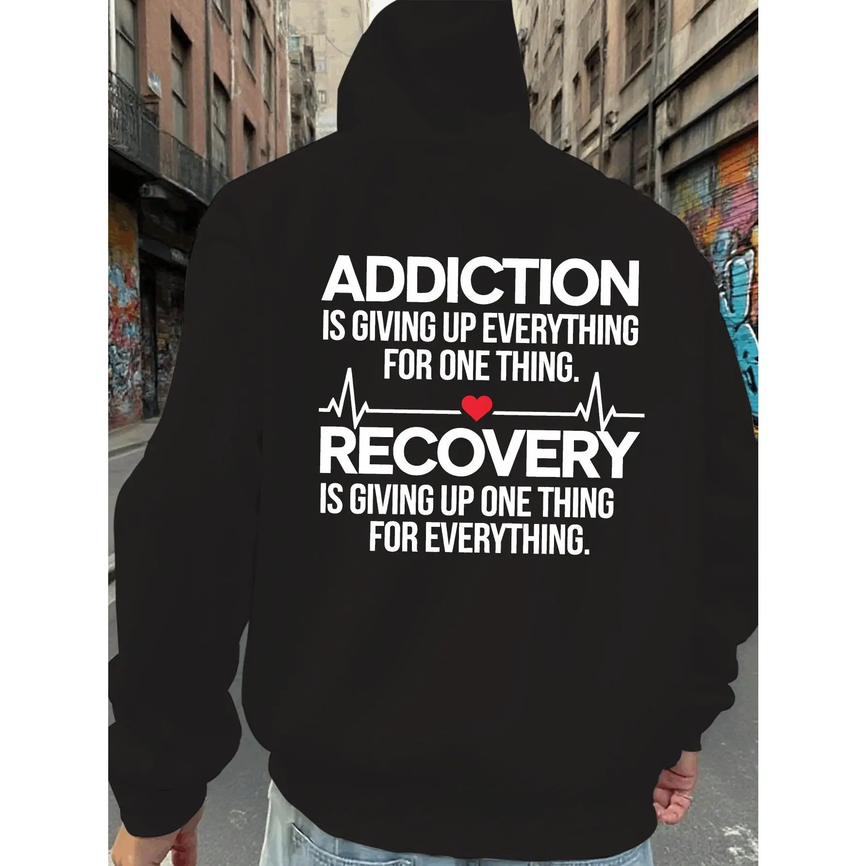 Men's Hoodie - Post-printed Drug Recovery Message Hoodie - Dark Grey/Black Graphic Pullover - Long-sleeved Winter Hoodie, Suitable for Everyday and Formal Wear - Men's Drug Recovery Support Gift, Casual Streetwear, Comfortable Fit, Durable Fabric