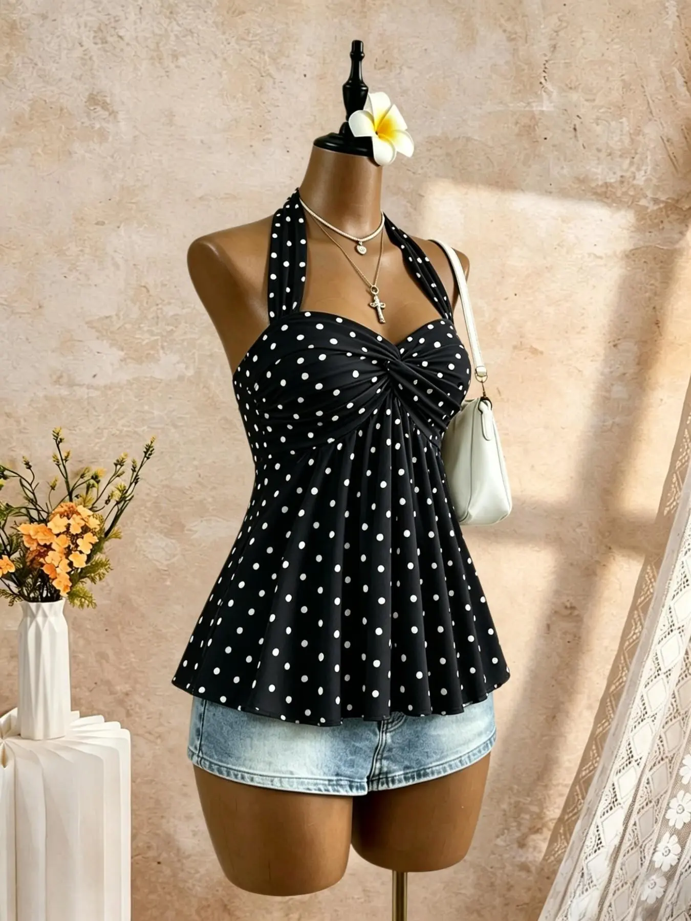 Women's Halter Neck Tie Waist Tank Top Sleeveless, Summer Belly Concealment A-Line Ruched Shirt, Vacation Casual Style Solid Color Mini Vest