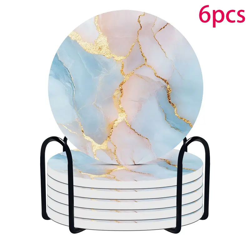6 marble-patterned, gold-trimmed, round ceramic coasters with bases| Stylish and trendy, with a non-slip design, suitable for most cups and beverages. An ideal choice for gifting and decoration, and machine washable