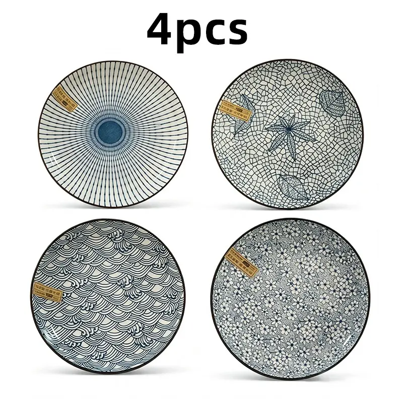 Japanese Blue and Ceramic Plates Set of 4, Wave Cherry Blossom Crackle Glaze, Heat Resistant, Microwave & Dishwasher Safe