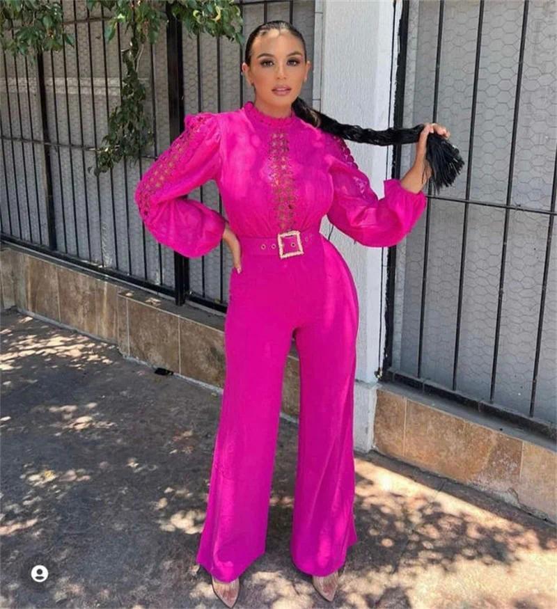 Woman Jumpsuit Birthday Long Sleeve Hollow Out High Waist One Pieces Overalls Club Party Outfits with Belt