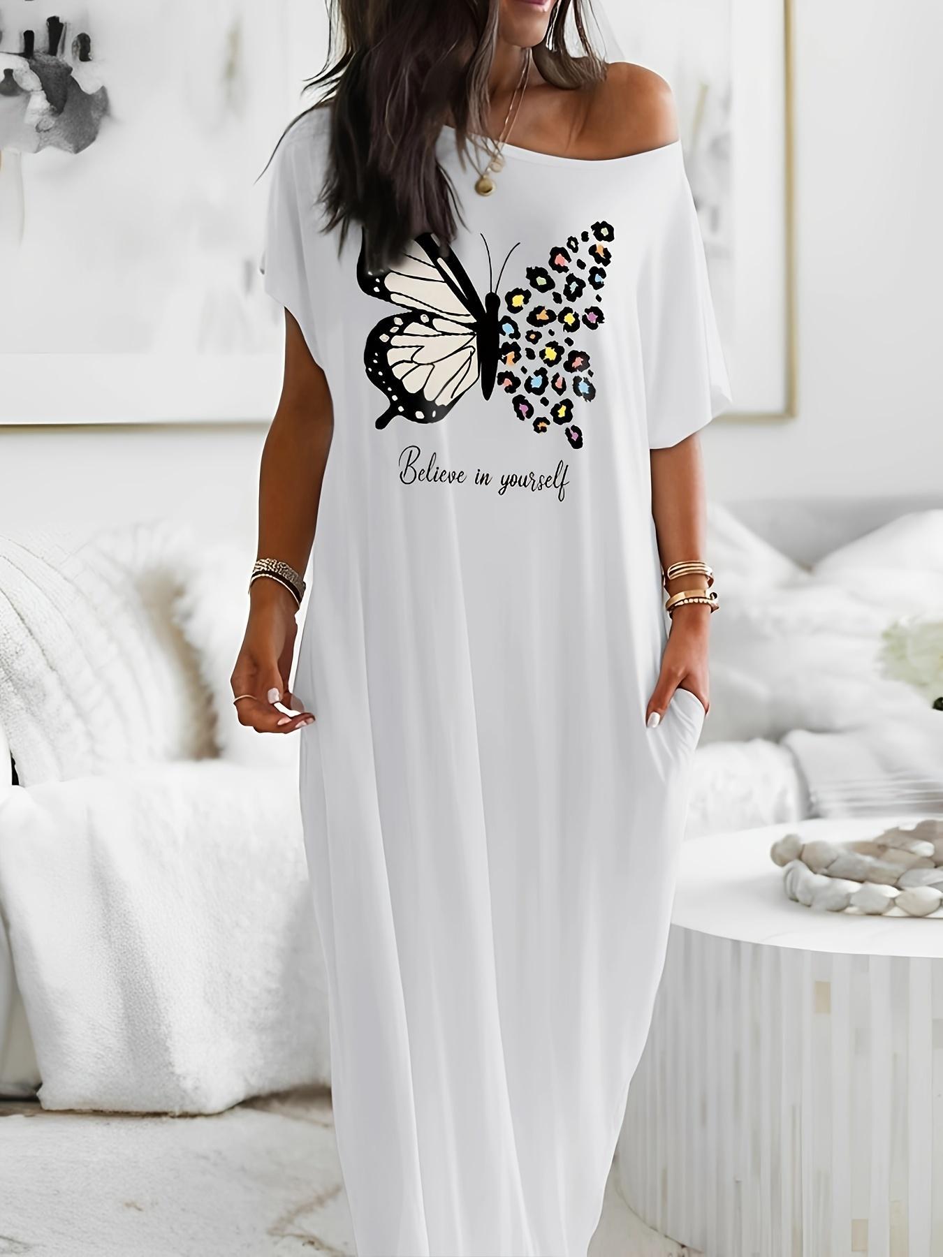 Women's Butterfly Print Round Neck Nightdress, Casual Soft Comfortable Short Sleeve Nightgown for Daily Wear, Ladies Sleepwear for All Seasons, Casual Comfy Nightdress