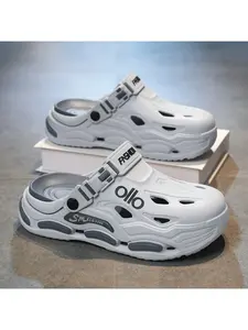 Men's Versatile Two-Wear Holey Shoes, Summer Outdoor Anti-Slip Breathable Letter Print Thick Sole Sandals, Comfortable Closed-Toe Slippers