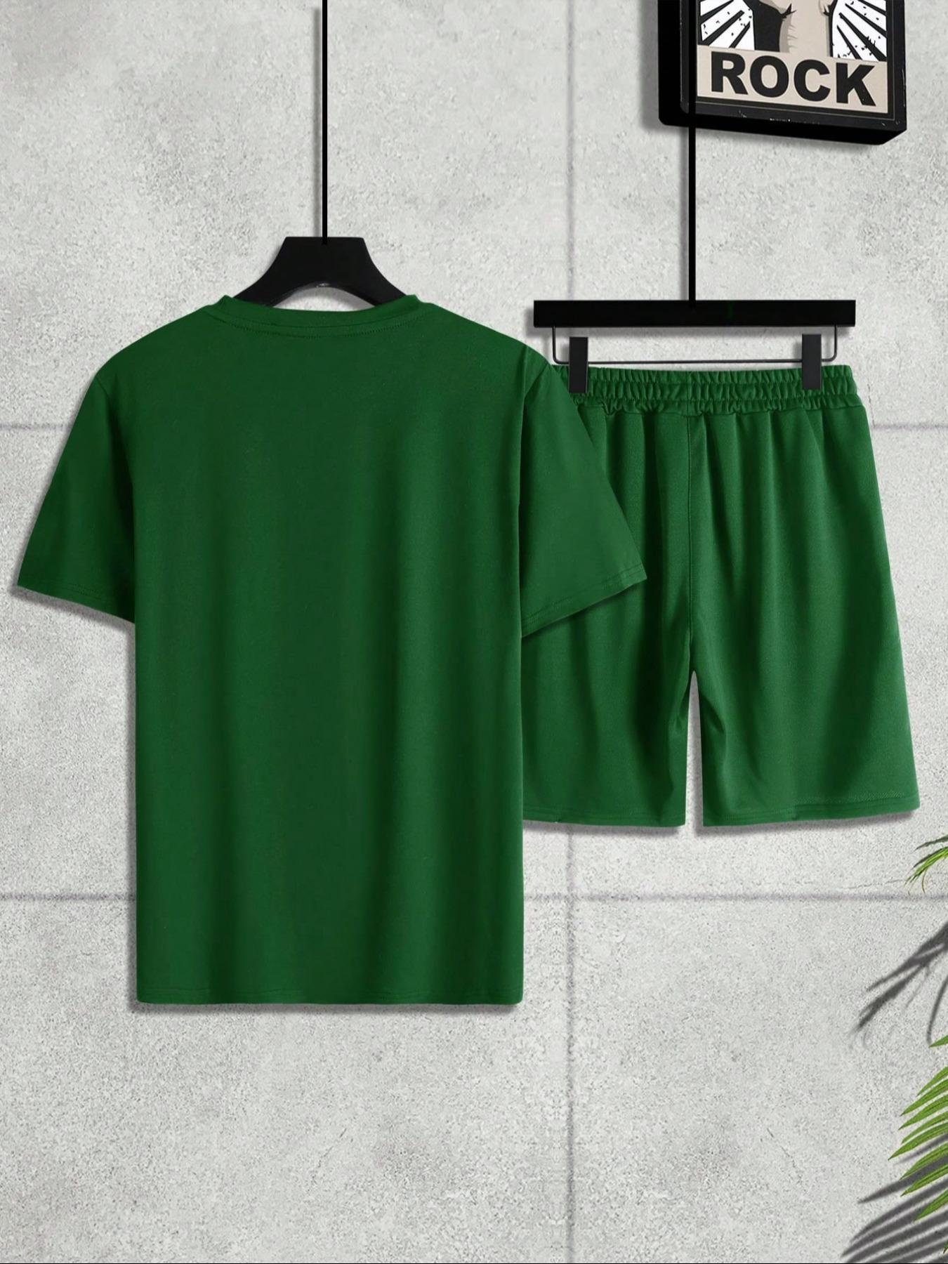 Two-Piece Set Men's Solid Short Sleeve Tee & Drawstring Waist Shorts Set, Regular Fit Casual Round Neck T-shirt & Track Shorts, Men's Summer Clothes Matching Clothing Set