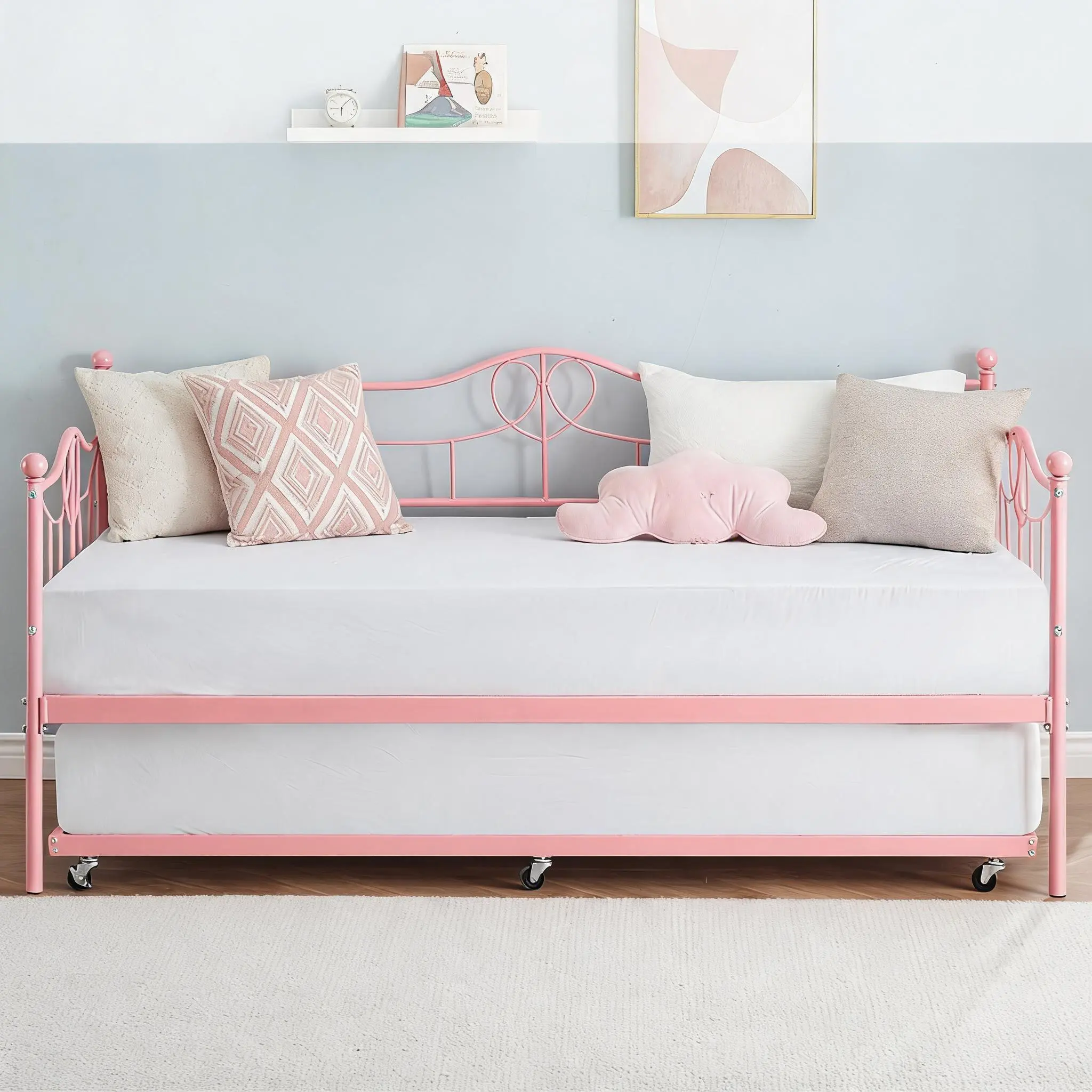 Twin Size Heart-Shaped Daybed with Pull-Out Trundle Bundle, Metal Slat Support, No Box Spring Needed, Pink