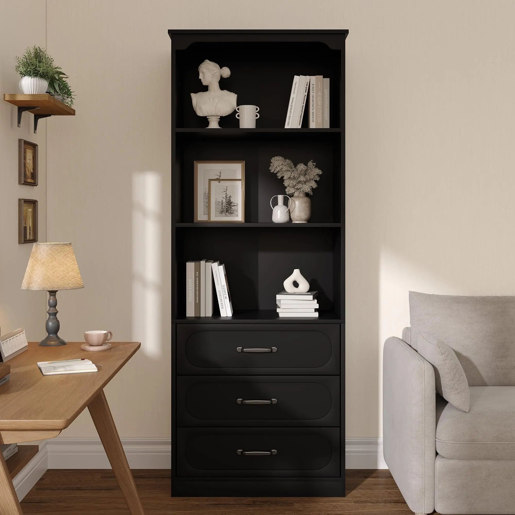 Tall Bookshelf with 3 Drawers and Adjustable Open Shelves - 3-Tier Wooden Bookcase for Home Office, Living Room, or Kitchen Pantry Storage - Floor Standing Cabinet, Dark Black
