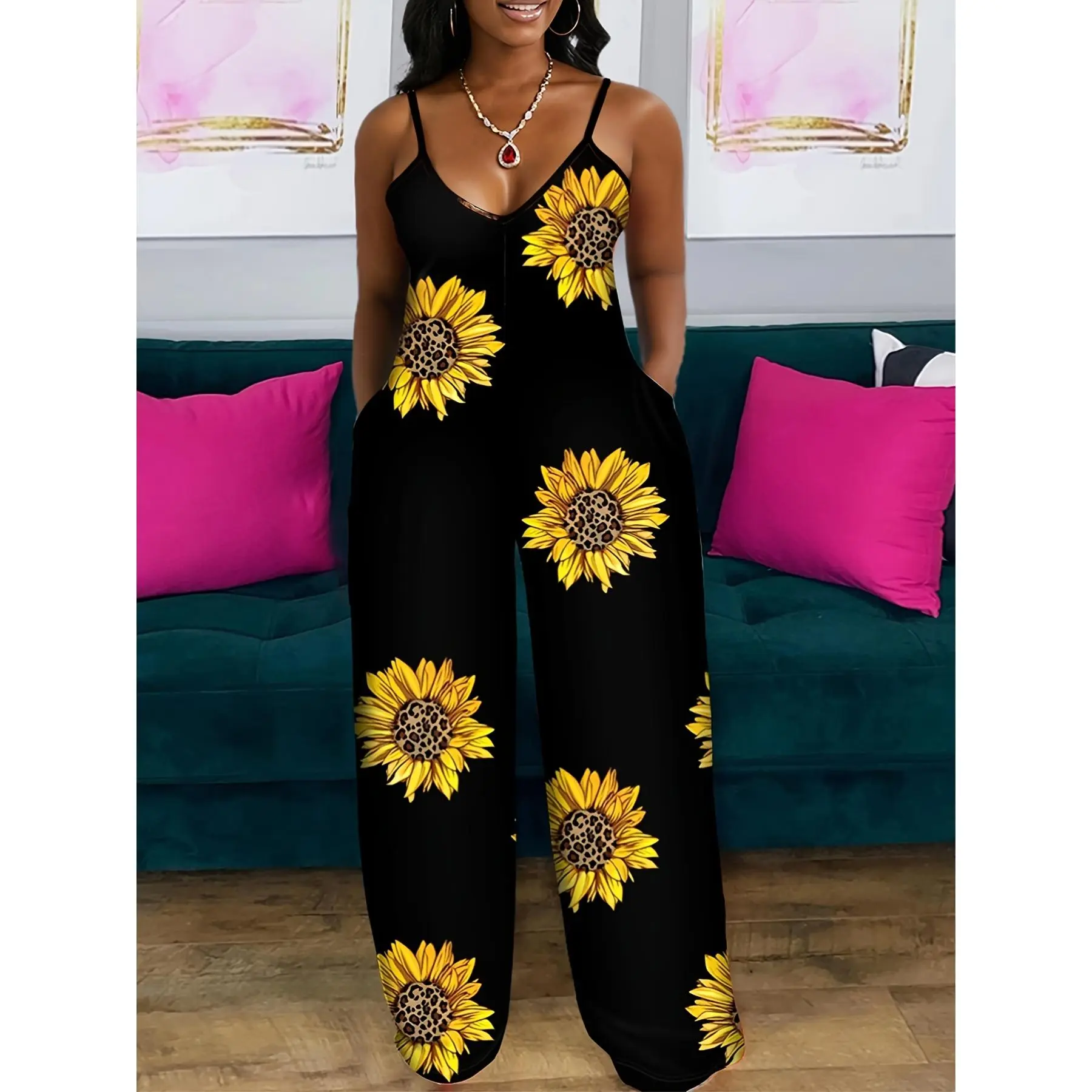 New Summer Sunflower Print Wide-Leg Romper for Women with Sexy Spaghetti Strap Design