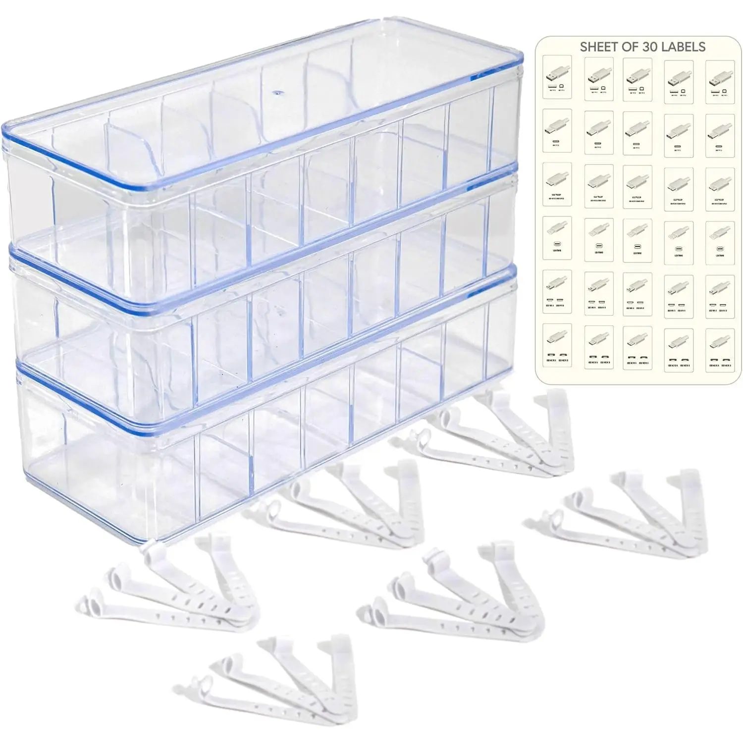 Set of 3  Organizer Box W/Labels - Charger Box, Stackable W/-Cord Organizer Junk Drawer- Cord Storage Box for Desk - Organizer case