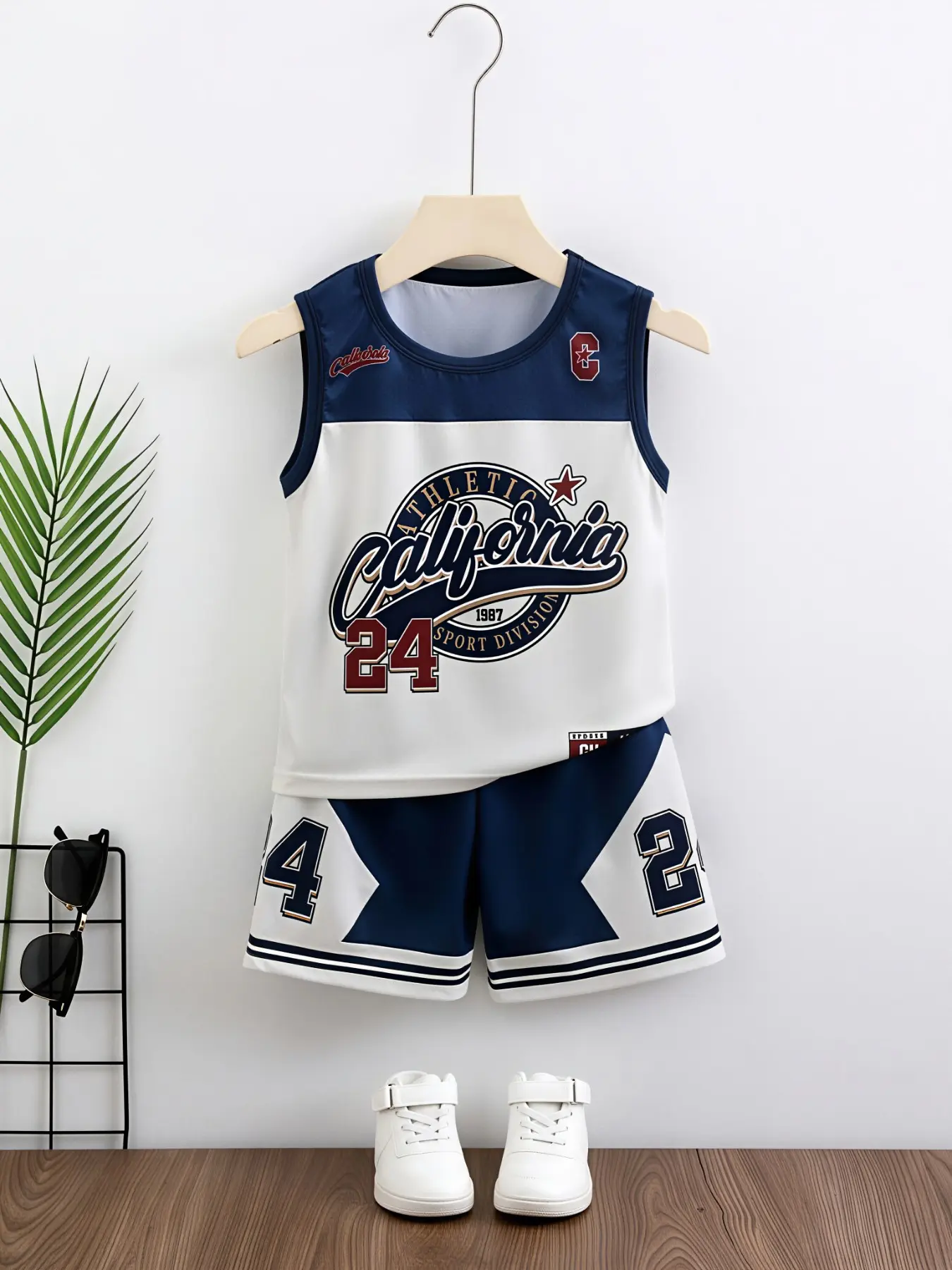 California 23 Boys Sleeveless Jersey Set, Soft Stretch Tank Shorts, Vintage Sport Print Outfit, Basketball Court Casual Wear, Los Angeles popular kids sport suit