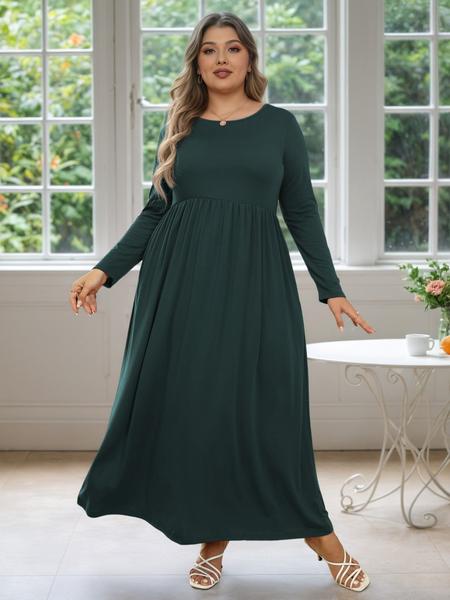 Women's Round Neck Stretchy Casual Long Plus Size Dress, Perfect for Bridesmaids, Vintage Style Wedding & Party Wear, Comfortable Fabric