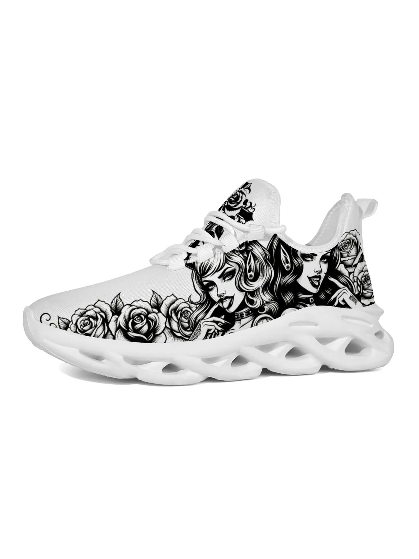 Gothic Chicano Tattoo Black White Vintage Lady Portrait Rose Cross Art Pattern Chunky Sneakers for Men Women, Retro Tattoo Scrap All Over Print Mesh Shoes, Comfort Non-Slip Fashion Footwear for Street Daily Casual Festival Outfits