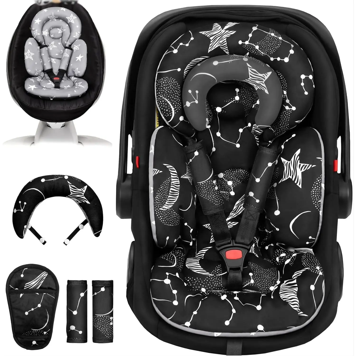 Infant Car Seat Insert with Removable Cushion for Preemie to Toddler, Reversible Newborn Carseat Insert for Baby Head Body Support, Fits for Stroller, Baby Swing, Bouncer (Black Star)Gift.