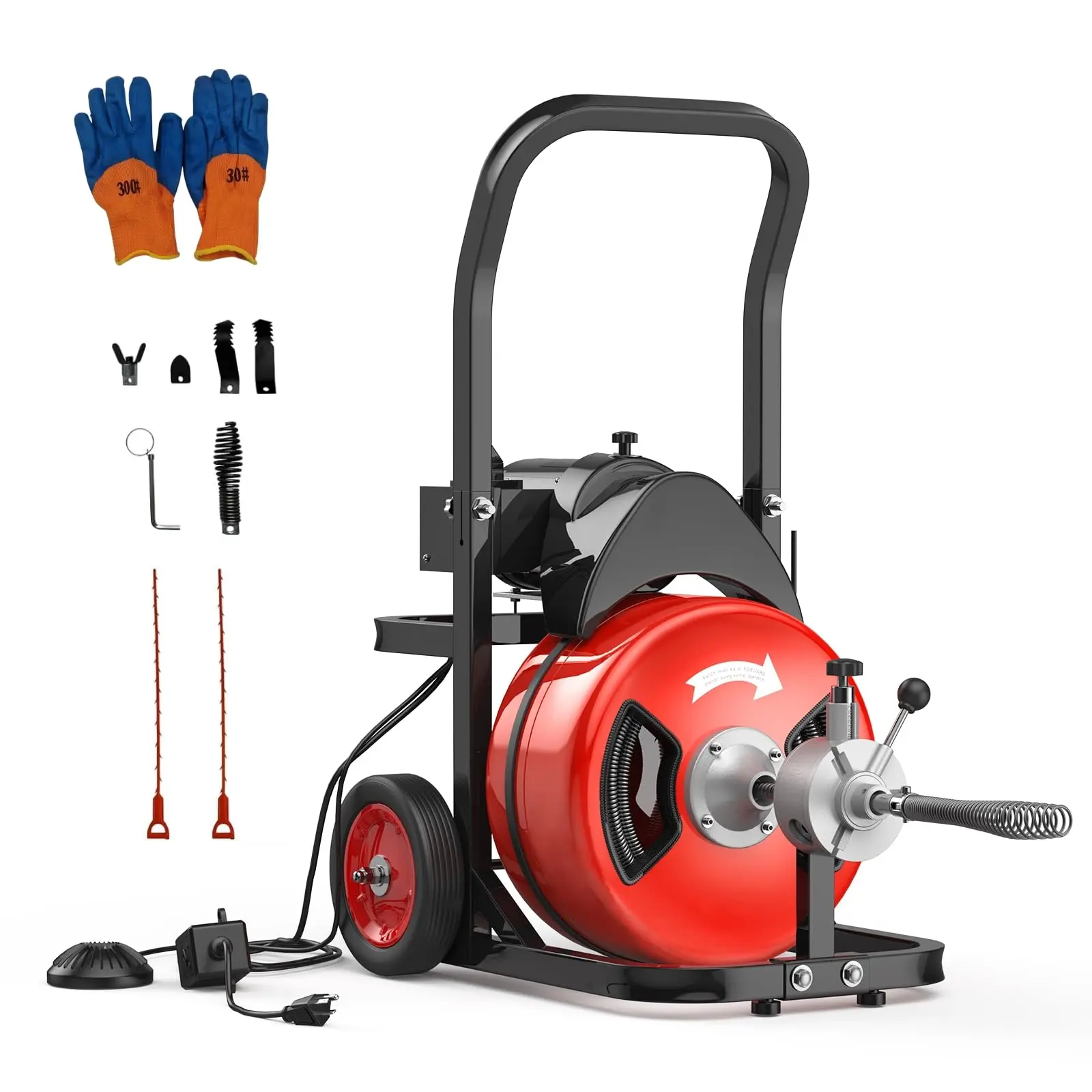 Professional Electric Drain Cleaner Machine, 370W-750W Heavy-Duty Sewer Snake Auger with Auto Feed & Foot Switch, Steel Core Cable 50/75/100FT, Interchangeable Cutters for 1"-8" Pipe, Unclog Hair Grease Root Clogs for Home & Commercial Plumbing, Drain Clo