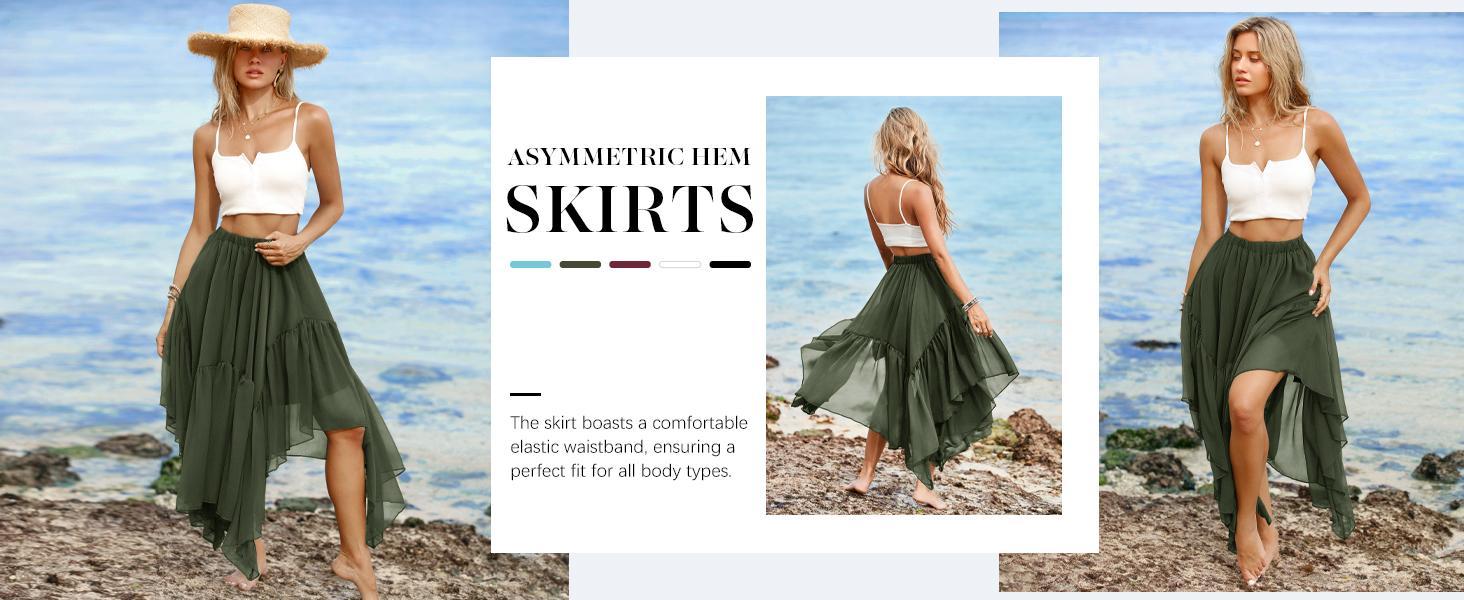 Imily Bela Womens Summer Boho Maxi Skirt Casual Asymmetric High-Low Hem Flowy Bohemia Long Skirt