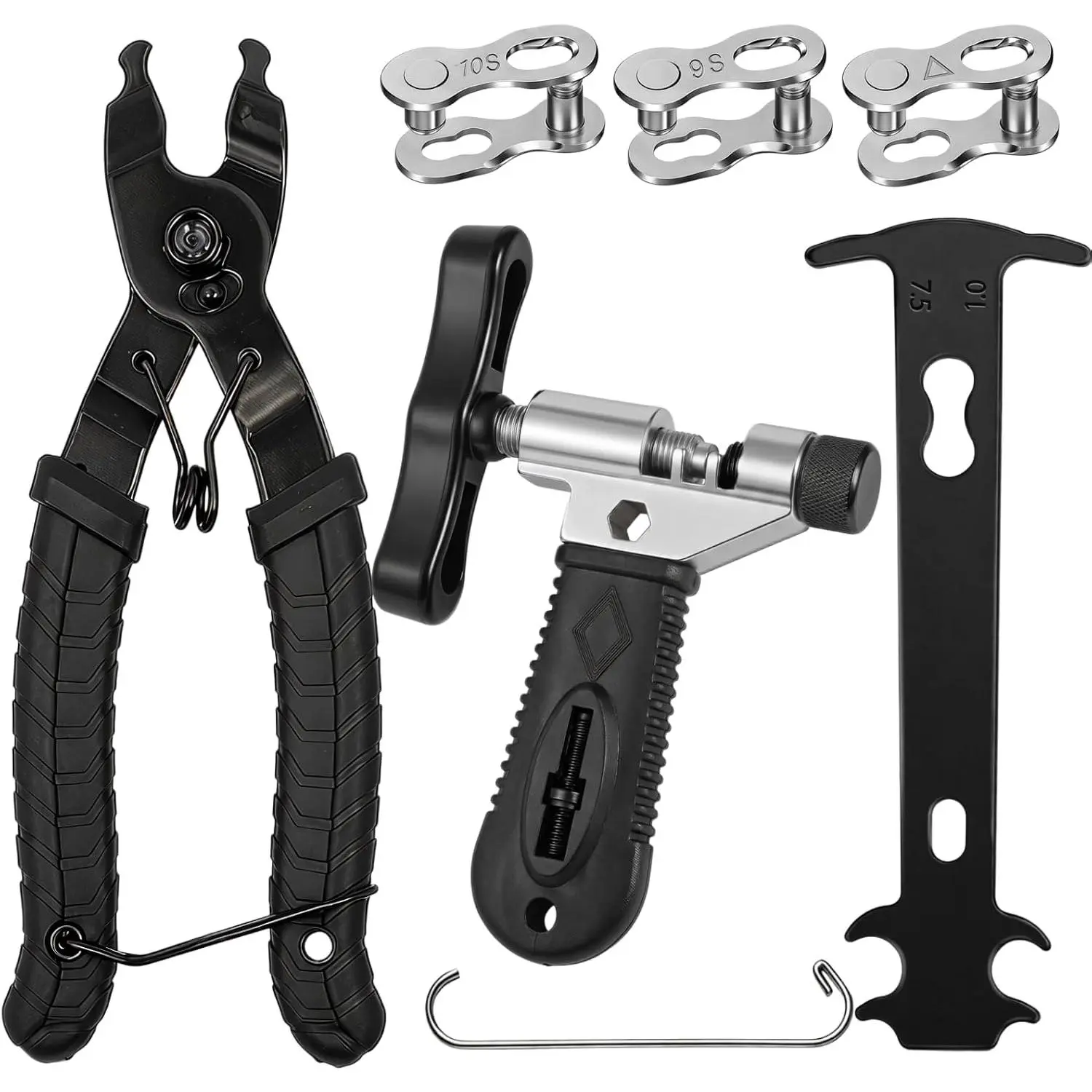 Bicycle chain repair tool set, including a bicycle chain removal tool, chain pliers, wear indicator, and 3 pairs of connecting links suitable for 6-10 speed chains