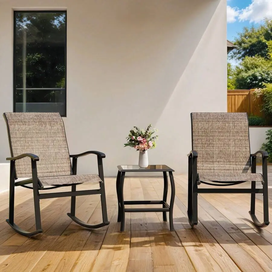 3 Piece Rocking Bistro Set, Outdoor Furniture With Rocker Chairs And Glass Coffee Table Set Of 3
