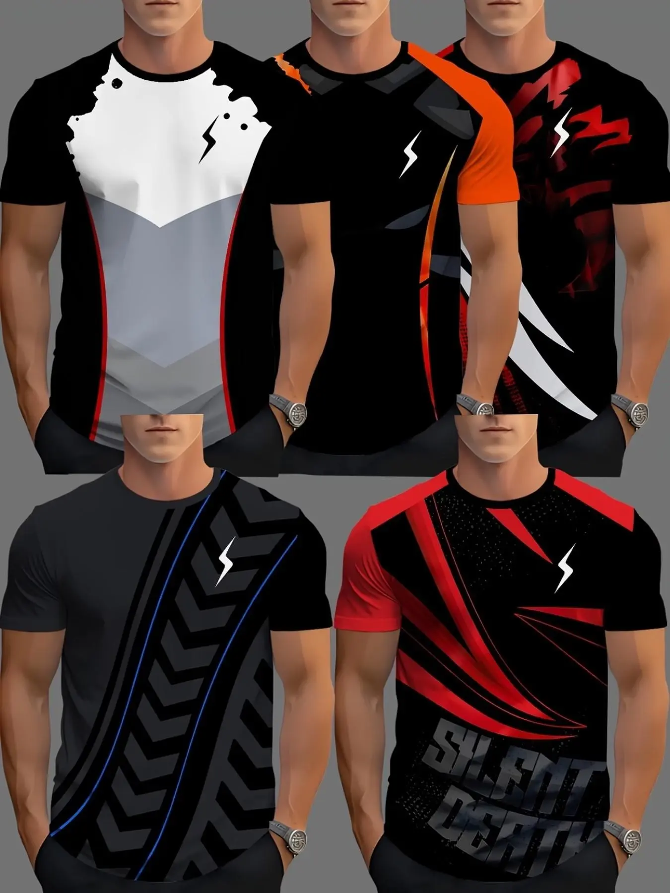 5-Pack Men's Gaming Style Short Sleeve T-Shirts, Quick-Dry Breathable High-Elastic Fabric, Cool Lightning Geometric Print, Casual Summer Wear