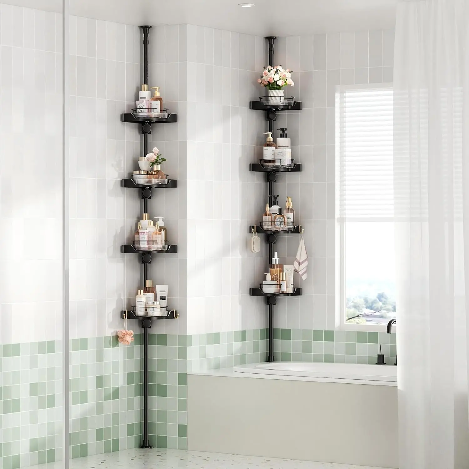 360° Rotating Shower Caddy Tension Pole, 4 Tiers Corner Shower Organizer for Bathroom Shelf Bathtub, Adjustable Standing Shower Rack, Easily Assemble, 34-124 Inch Height, Black