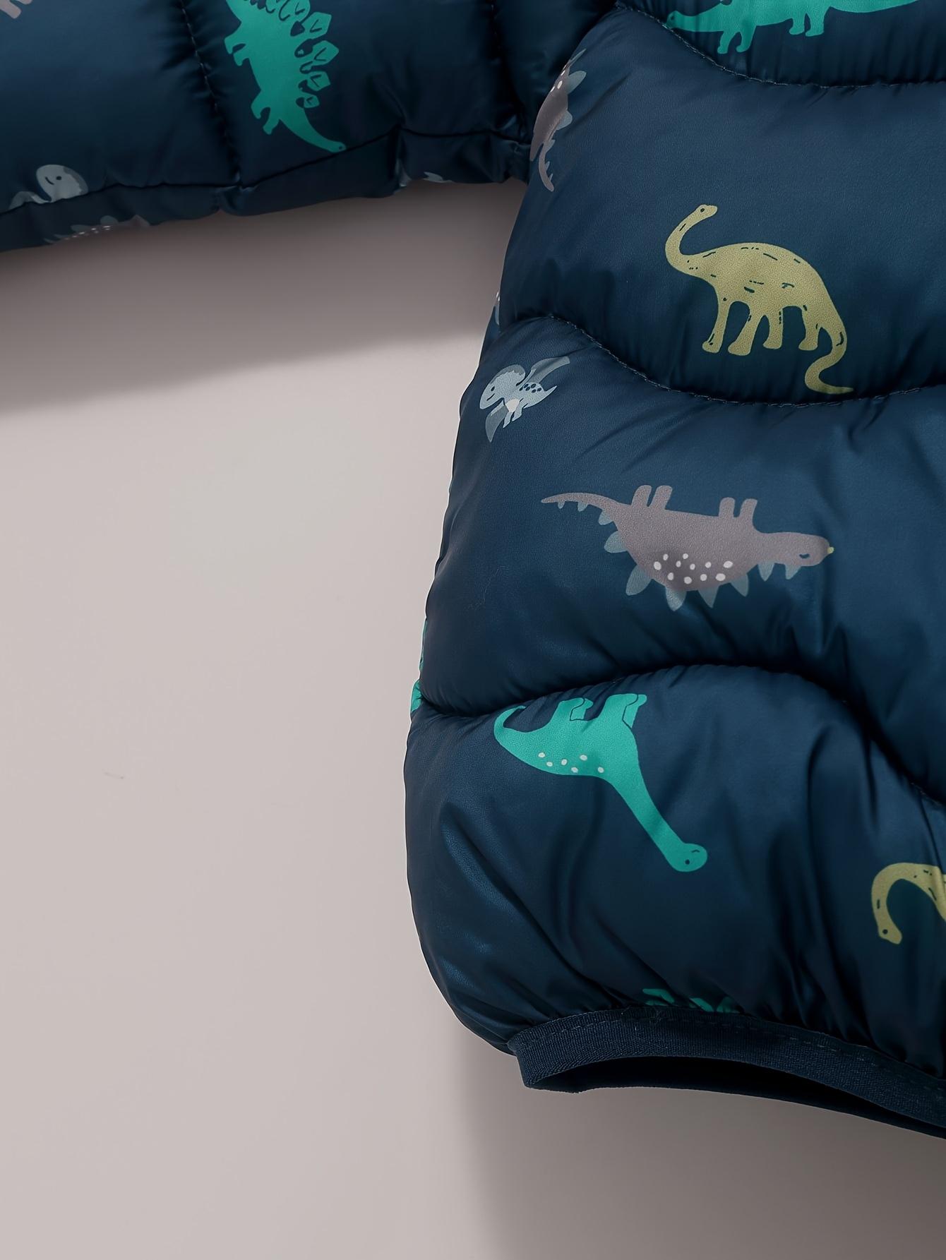 Boys' Dinosaur Hooded Winter Coat - Warm Insulated Jacket with Zipper Closure, Dark Blue Cartoon Dinosaur Print, Soft Polyester for Toddlers & Infants, Autumn & Winter Outerwear, Kids Zippered Sweatshirt, Playful Kids Fashion, Durable Kids Wear, Cold Weat