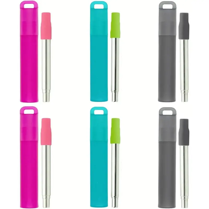 Reusable Straws 6-Pack Foldable Portable Stainless Steel Straws with Storage Box Silicone Tips and Cleaning Brush Retractable Portable Travel Straws