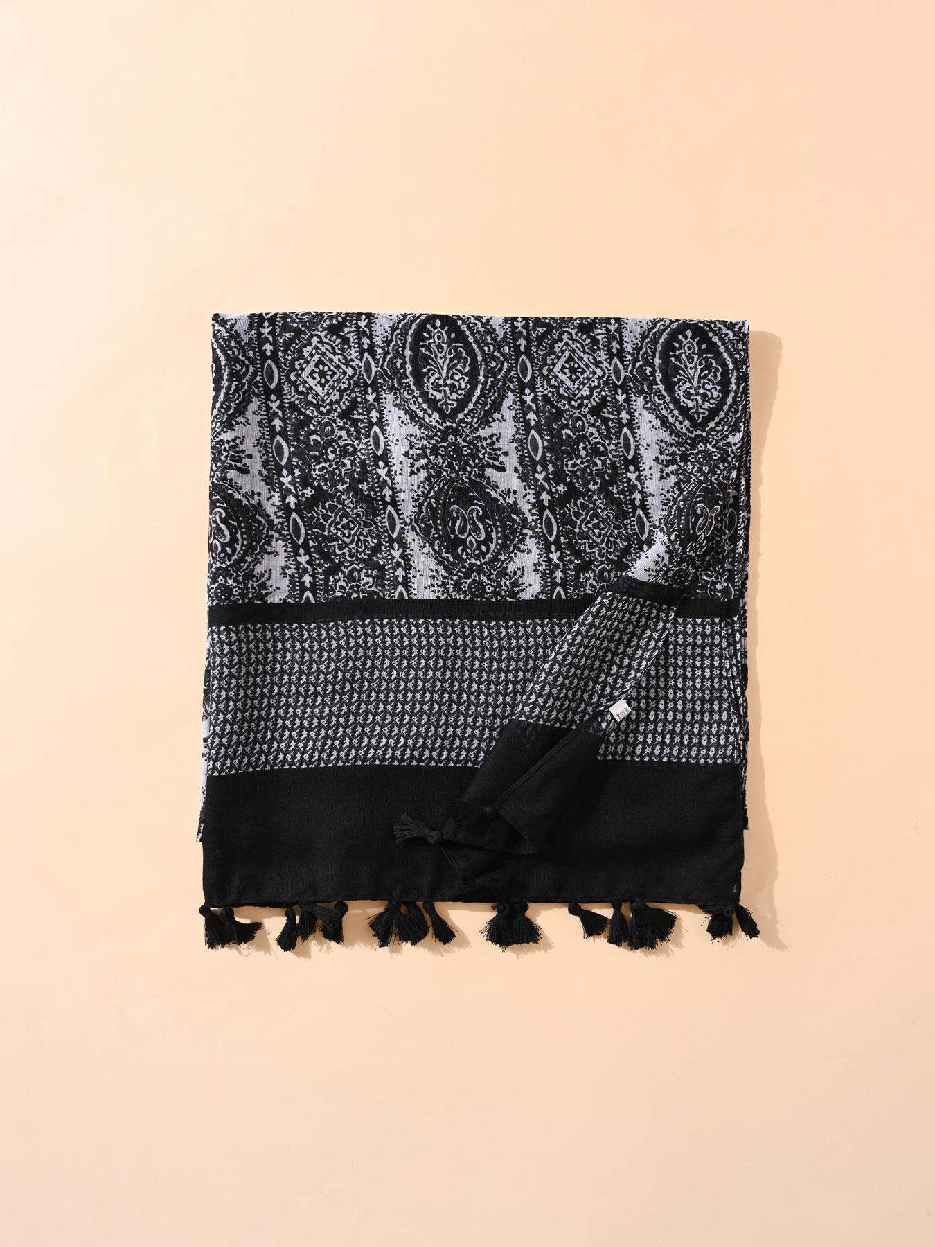 Women's Random Print Fringe Trim Long Scarf, Boho Casual Style Shawl for Beach Vacation, Fashion Accessories for Women & Girls