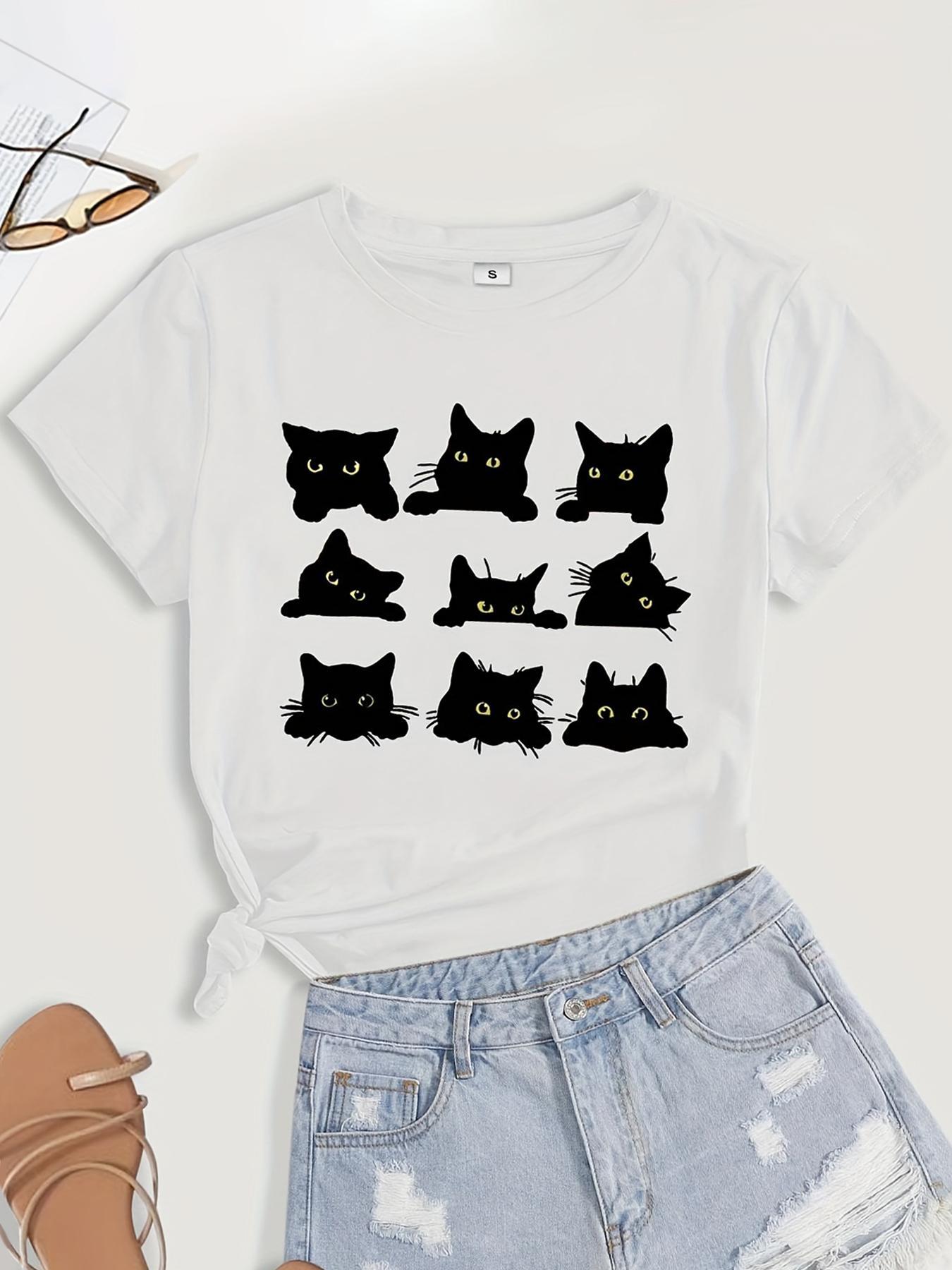 Women's Cartoon Cat Print Short Sleeve Jersey Tee, Casual Fashion Round Neck T-shirt, Summer Clothes Women, Women's Top for Daily Wear, Clothing