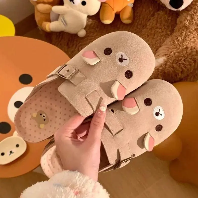 Y2K Rilakkuma Slippers Kawaii Cartoon Anime Japan All Inclusive Cow Suede Indoor Home Flat Anti Slip Breathable Couple Slippers