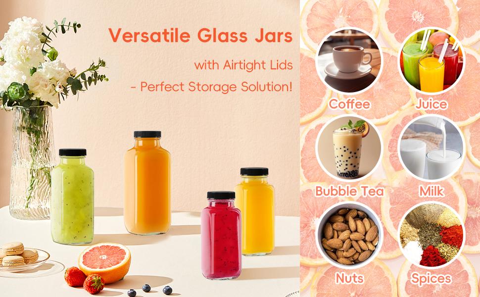 12 oz Glass Juice Bottles with Lids 3-Pack - Reusable Kombucha Bottles & Green Drink Jars with Leakproof Caps