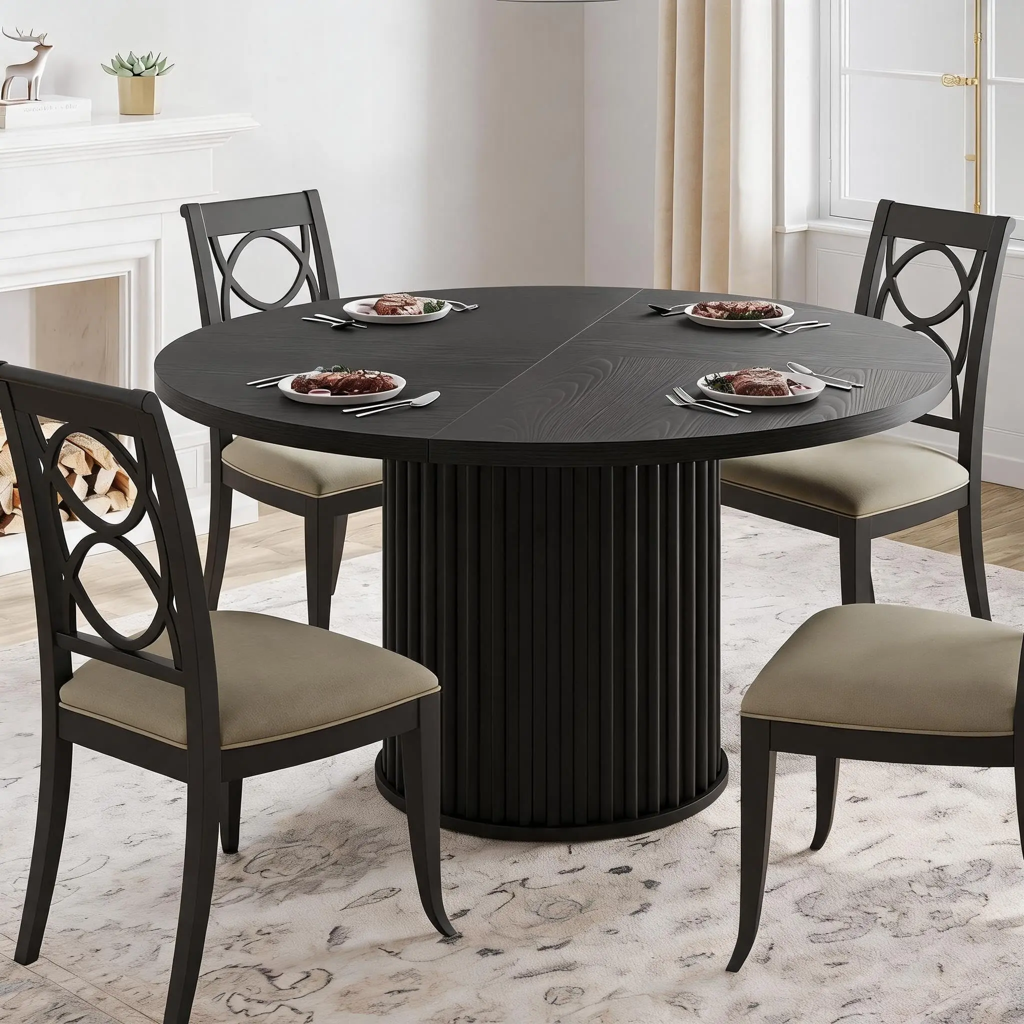 47-Inch Round Dining Table with Sturdy Waveform Metal Pedestal Base, Industrial and Farmhouse Style, MDF Wood Effect Top, Retro Black Finish, Seats 4-6 People for Kitchen and Dining Room