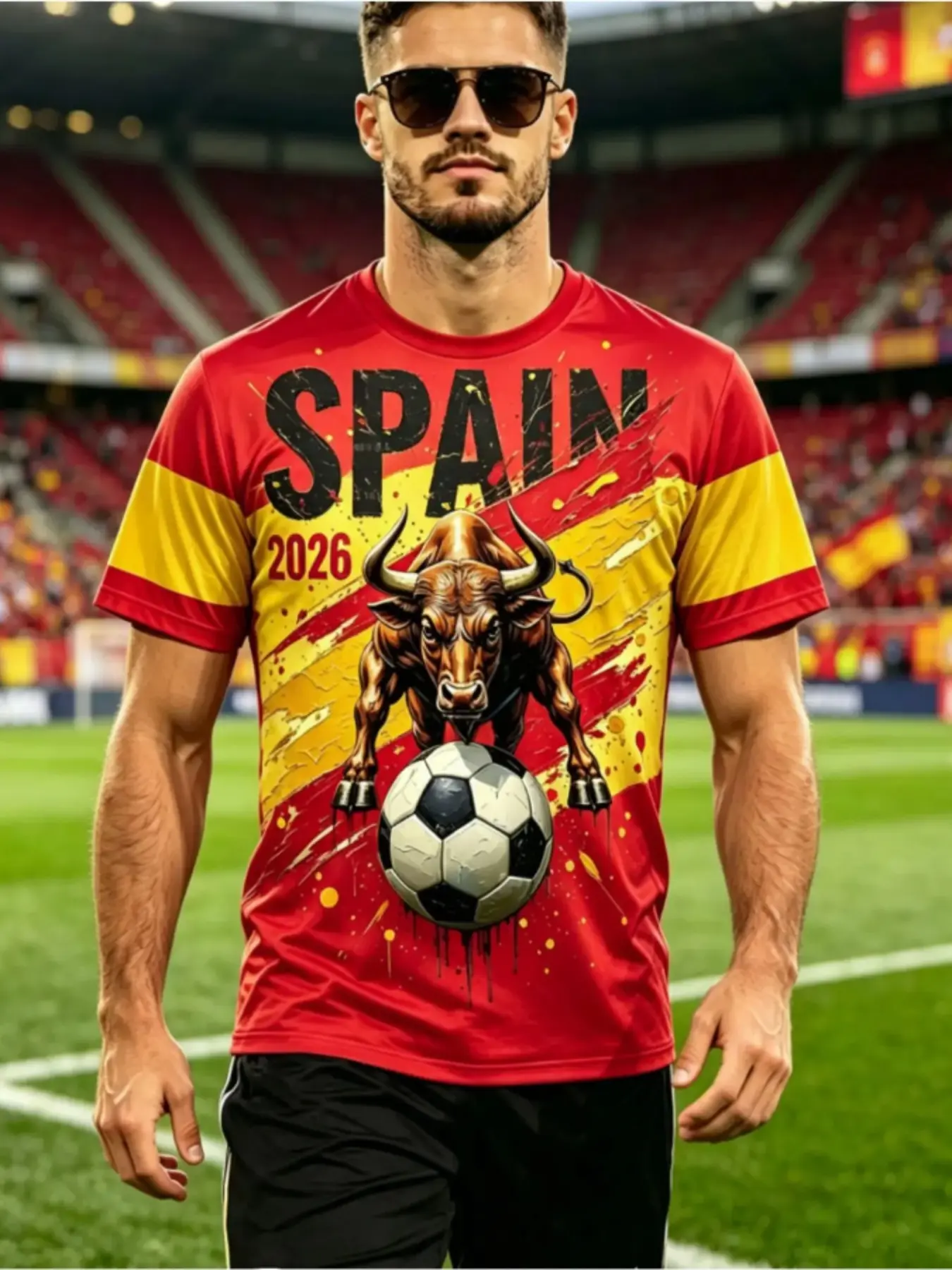 Spain Bull Soccer Inspired Graphic Print T-Shirt, Men Women Casual Loose Baggy Short Sleeve Tee, 2026 National Pride Crewneck, Red Yellow Color Block Streetwear, Breathable Lightweight Sports Casual Top for Daily Outdoor Activities