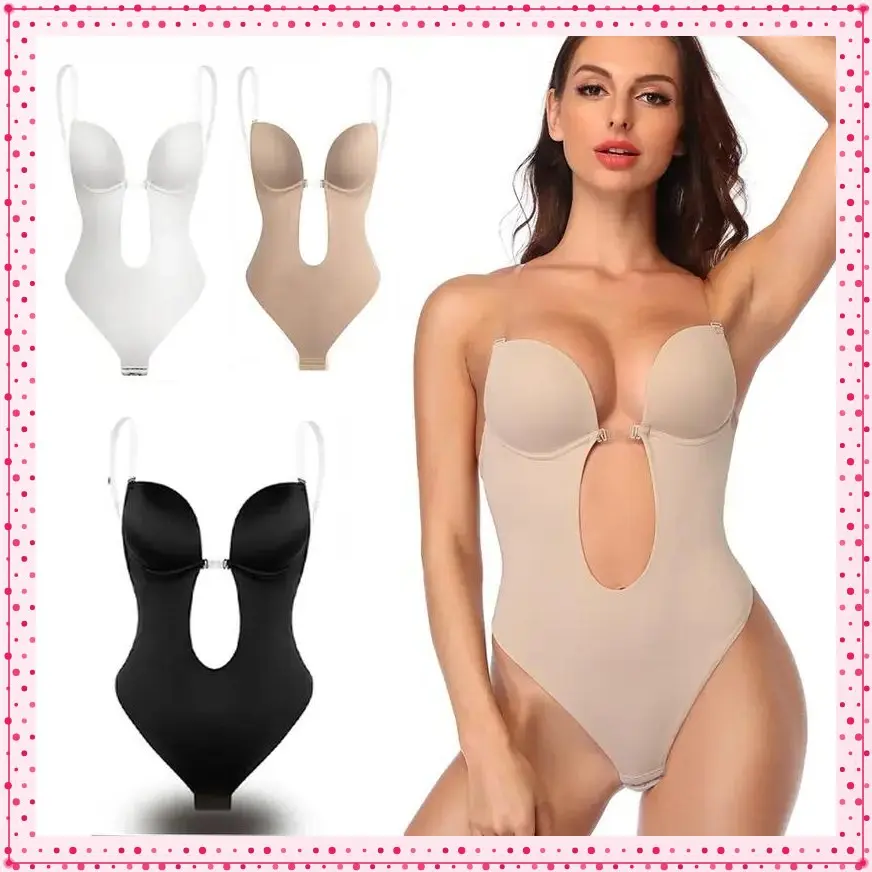 Women's U Plunge Backless Body Shaper Bra Low Back Thong Shapewear Deep V Full Body Bodysuit, Ladies Thong Invisible Bra Body Shaper Backless Body Suits Plus Size S-XL Black Beige Brown White