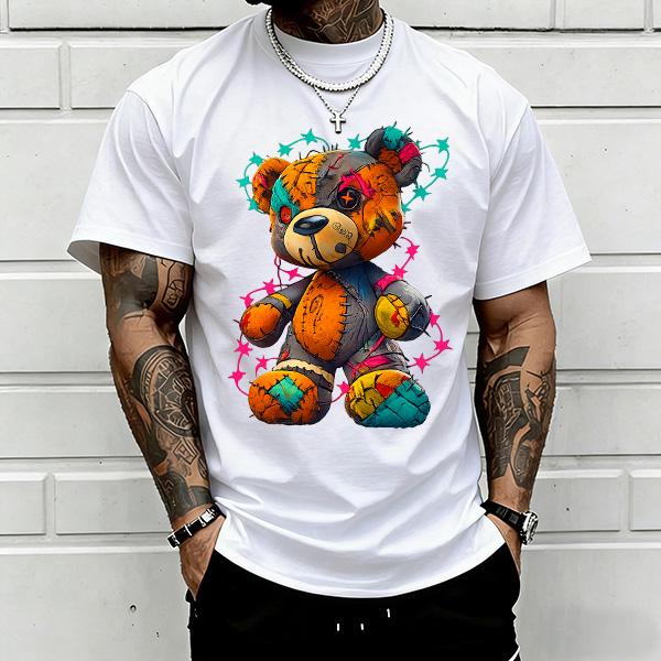 Men's Baggy Shortsleeve T-Shirt with Teddy Bear Graffiti Print, 2000s-Inspired Urban Streetwear for Back to School Outfits, Street Style, Menswear, Oversized, Students, Tshirt, Patchwork, Round Neck, Letters, Cotton,loose