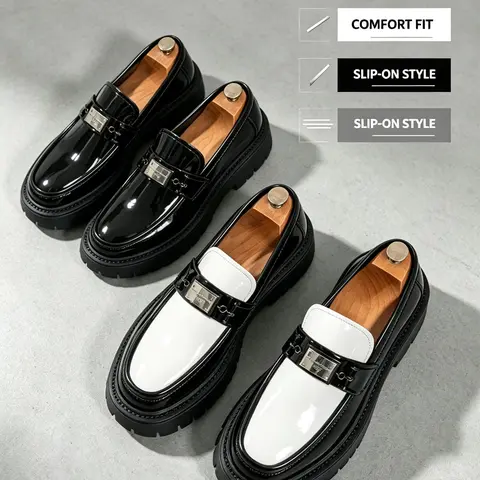 Men's Retro Metal Buckle Thick Sole PU Leather Loafers, Glossy Colorblock, Slip-On Casual Shoes, Anti-Slip, Trendy Street Style