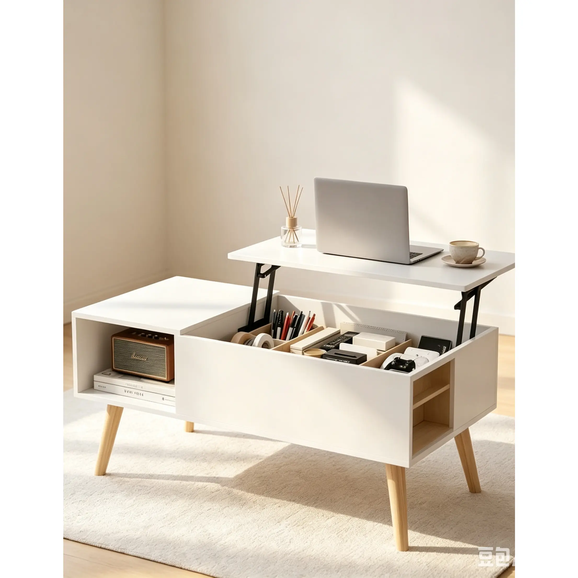 39-inch height-adjustable coffee desk with hidden storage compartments and open shelving; rustic solid wood storage coffee table suitable for living rooms, home office areas and small-sized apartments