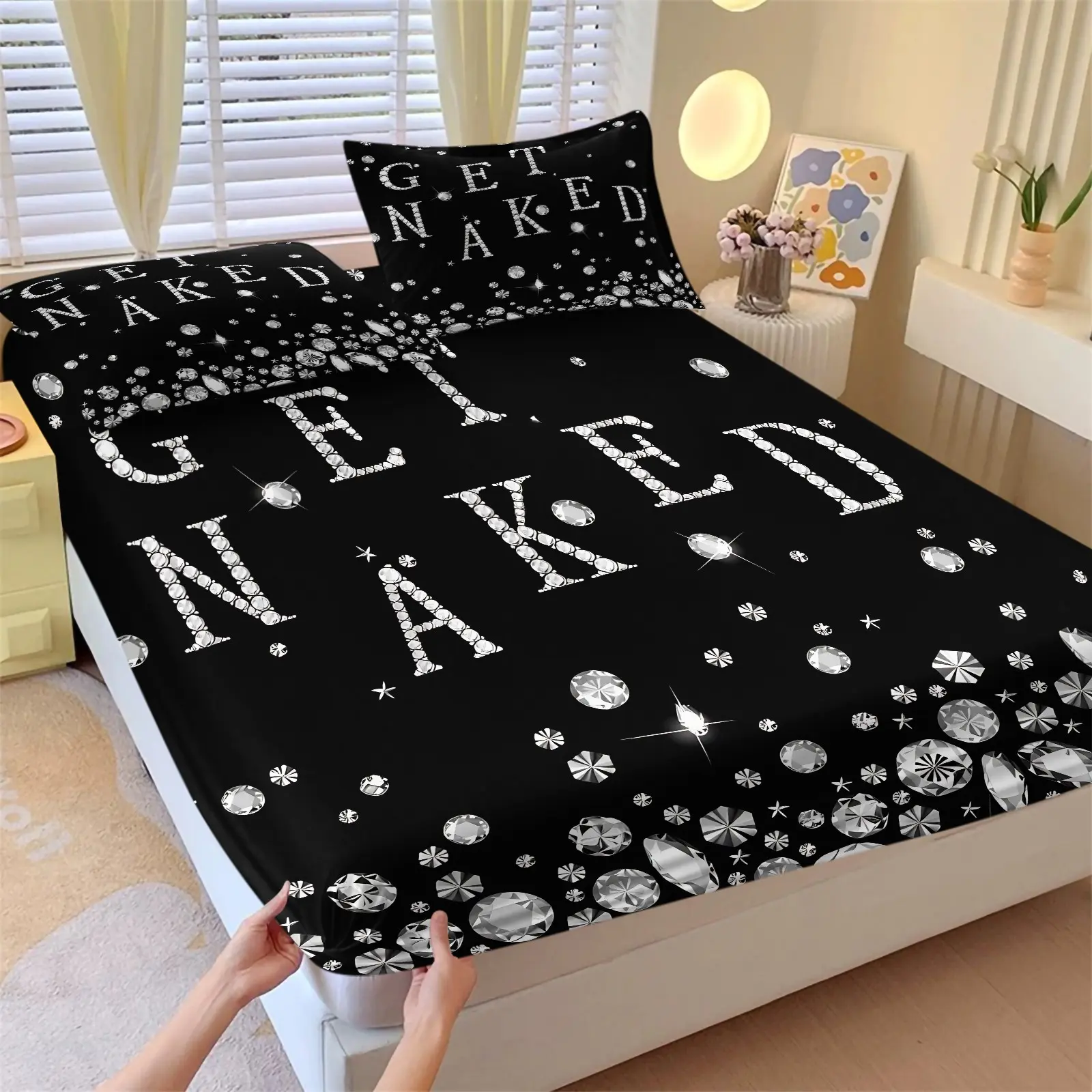 Luxury Shiny Diamond Rhinestone Get Naked Fitted Sheet Set (1 Fitted Sheet + 2 Pillowcases), Black Glam Letter Print, Deep Pocket, Soft Breathable Non-Slip Wear-Resistant Decor Bedding, Fun Bedroom Decor Gift for Her