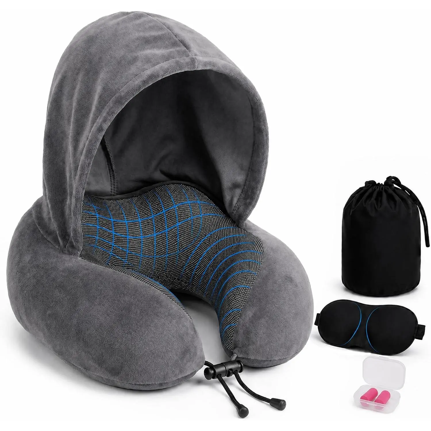 Travel Neck pillow for Airplane, with Large Hood Eye Mask Earplug and Bag| Filling Neck, Breathable Washable & Super-Soft for Road Trip Cars Sleeping and Long Flights