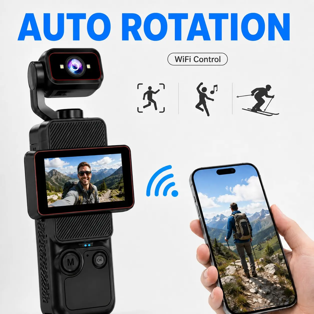Portable HD Gimbal Camera, Pocket Vlog Camera with Auto Rotating Lens, Smooth Video Stabilization, WiFi Connection, 6X Zoom and Type-C Charging, Pocket Vlogging Camera for Travel, Camping and Content Creation