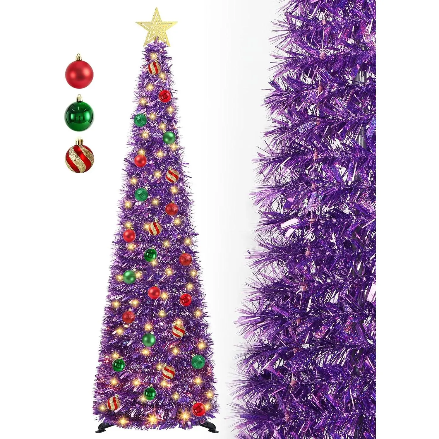 5 FT Pop Up Christmas Tree with Timer Lights and Decorations,  Tinsel Artificial Christmas Tree with 24 Balls Ornaments, Collapsible Pencil Tree for Xmas  Office Party Decor
