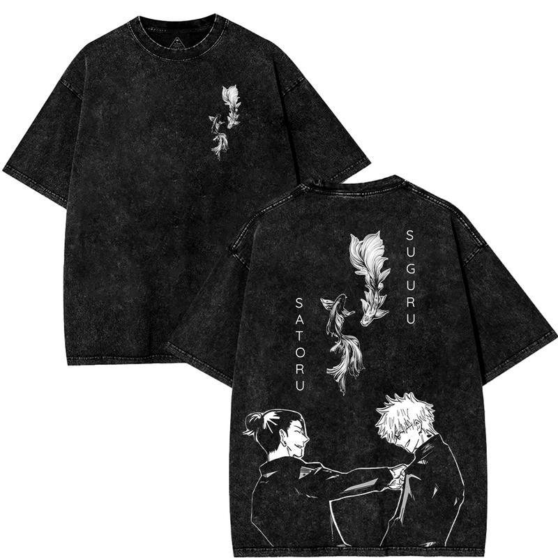 Valentine’s Day Jujutsu Kaisen Graphic Tee – Gojo Satoru & Geto Suguru Besties 2-Sided Washed Anime Manga Streetwear Shirt, Trendy Menswear Top for Casual, Party, Cosplay, and Everyday Outfits